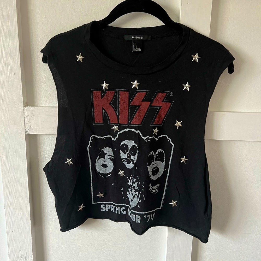 Forever 21 women’s small cropped black KISS muscle shirt silver star studs